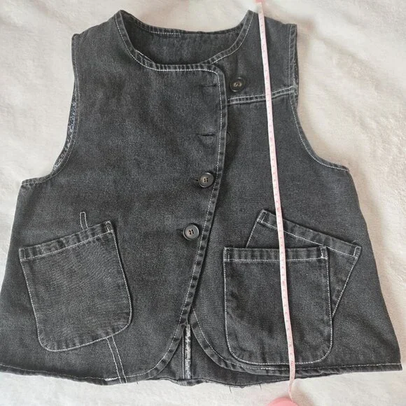Y2K QM Women’s Black Denim Vest Button Front Pockets Asymmetrical Size S-M - Picture 7 of 13